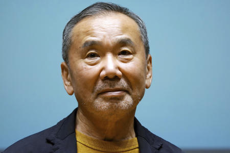 Japanese novelist Haruki Murakami poses for media during a press conference on the university's new international house of literature, The Haruki Murakami Library, opening at the Waseda University in Tokyo, on Sept. 22, 2021. (AP)