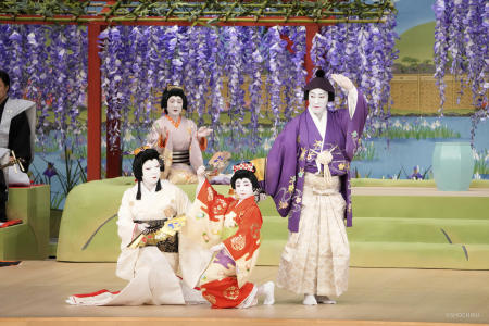 In this image released by Shochiku, Maholo Onoe (front center) performs as he makes his official stage debut at the Kabuki Theater in Tokyo, on May 2, 2023. (Shochiku via AP)
