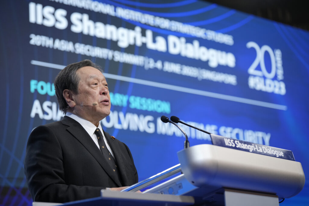 Japan's Minister of Defense Yasukazu Hamada delivers a speech at the 20th International Institute for Strategic Studies (IISS) Shangri-La Dialogue, Asia's annual defense and security forum in Singapore, Saturday, June 3, 2023. (File/AP Photo)