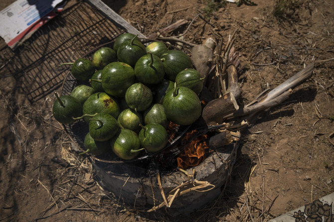 A group of Palestinians cook roast watermelons as they prepare to make 