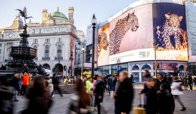 The global awareness campaign being held in AlUla lit up London’s Piccadilly Square and New York City’s NASDAQ to celebrate the endangered leopard on Feb. 10, which is Arabian Leopard Day. (Supplied/RCU)