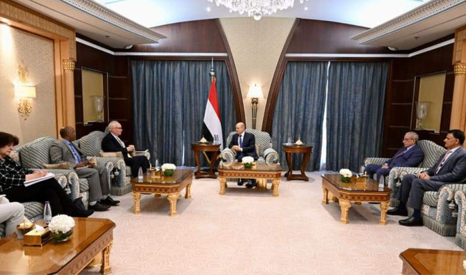 Rashad Al-Alimi, chairman of Yemen’s Presidential Leadership Council met with US Yemen Envoy Tim Lenderking in Riyadh. (Rashad Al-Alimi’s website)