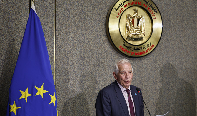 High Representative of the European Union for Foreign Affairs and Security Policy Josep Borrell speaks during a press conference at Cairo’s Foreign Ministry on June 18, 2023. (AFP)