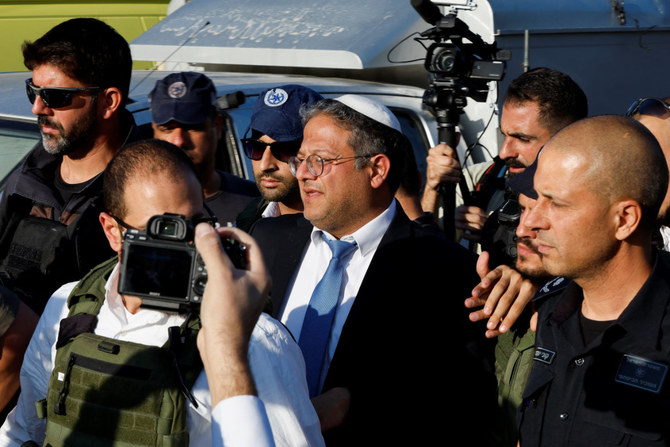 Israel's National Security Minister Itamar Ben-Gvir arrives at the scene of a suspected Palestinian shooting attack that killed four people near the Jewish settlement of Eli, in the Israeli-occupied West Bank, on June 20, 2023. (REUTERS)