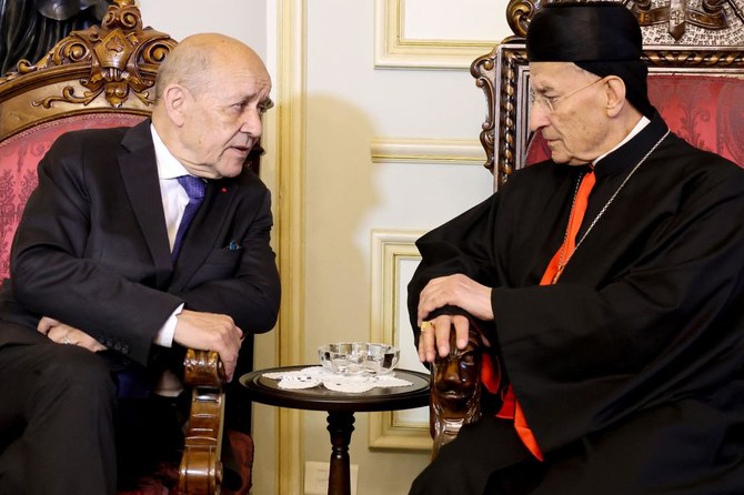 Lebanon’s Christian Maronite Patriarch Beshara Al-Rai meets with France’s new special envoy for Lebanon Jean-Yves Le Drian, in Bkerke on June 22, 2023. (AFP)