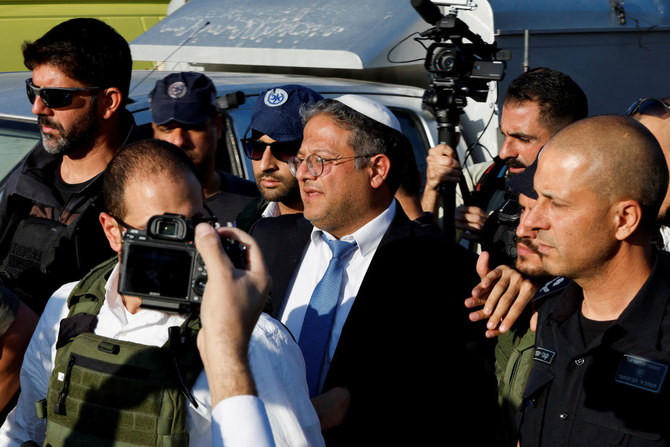 Israel's National Security Minister Itamar Ben-Gvir arrives at the scene of a suspected Palestinian shooting attack that killed four people near the Jewish settlement of Eli, in the Israeli-occupied West Bank, June 20, 2023. (Reuters)