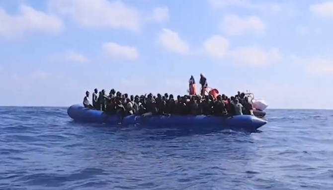The migrant rescue ship Ocean Viking rescued 86 people off the coast of Libya on Tuesday as their vessel foundered while trying to reach Europe, its French-based operator said. (Twitter/@SOSMedItalia)