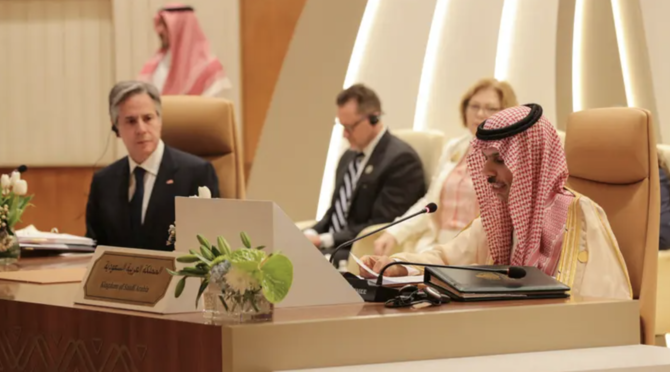 Saudi Minister of Foreign Affairs Prince Faisal bin Farhan gives a speech at the ministerial meeting of the Global Coalition to Defeat ISIS. (Reuters)