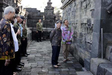 A day prior to leaving for Japan, Japan's Emperor Naruhito (second right) is seen during a visit at the Borobudur Temple in Magelang, Central Java on June 22, 2023. (AFP)