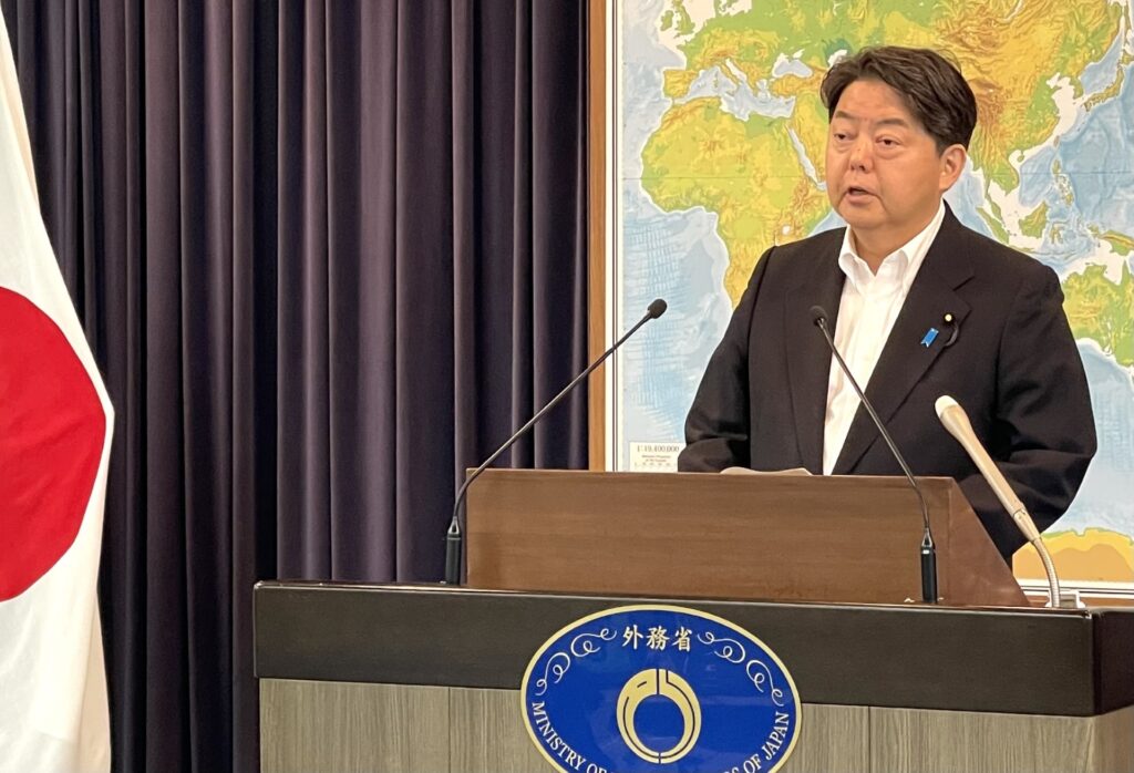 Japanese Foreign Minister HAYASHI Yoshimasa listens to a question at a press conference held on May 30. (ANJ photo)