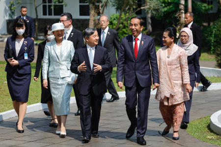 Japan's Emperor Naruhito and Empress Masako seen with Indonesian President Joko Widodo and his wife Iriana during their visit at Bogor Botanical Gardens in Bogor, Indonesia, Monday, June 19, 2023. (AP)