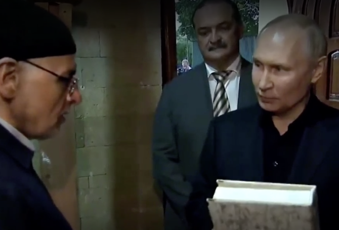 During a visit to Derbent in the Muslim-majority Dagestan Autonomous Republic, Putin said despite other countries failing to respect the sanctity of the Qur’an, it would always be respected in Russia. (Screenshot)