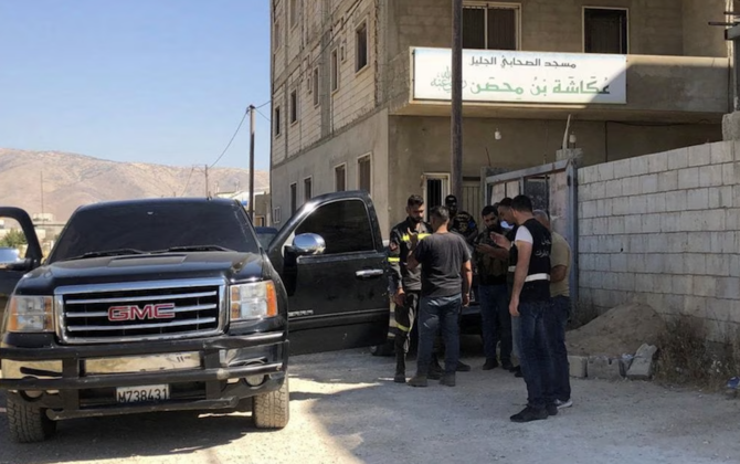 Members of Lebanese security forces gather near a mosque where a shooting took place, in Bar Elias, Lebanon July 7, 2023. (Reuters)