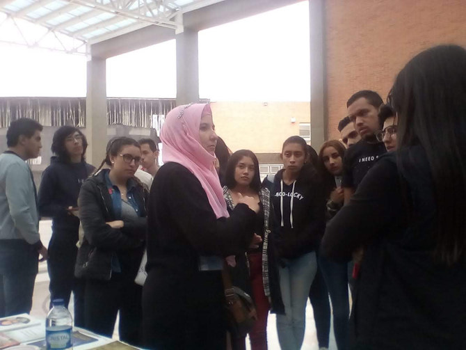 Maria Jose Acevedo is seen talking to groups of students about Islam and islamophobia. (Supplied)