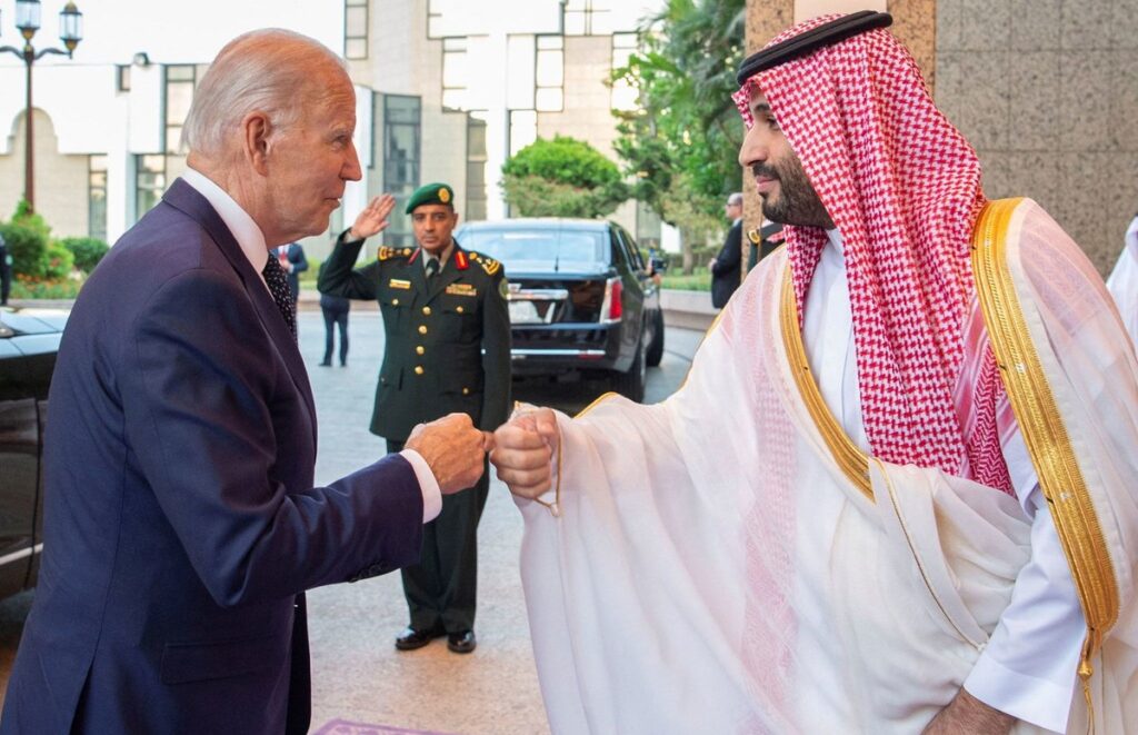 President Biden fist-bumping Saudi Crown Prince Mohammed bin Salman before their talks in 2022. (Reuters/File Photo)