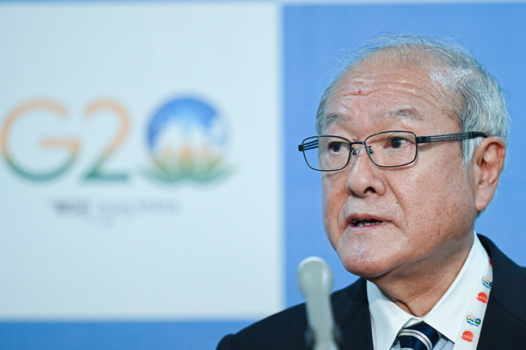 Japanese Finance Minister Shunichi Suzuki addresses media ahead of the G20 Finance Ministers on July 16, 2023 (AFP). 