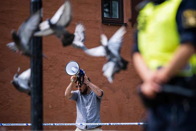 Salwan Momika outside a mosque in Stockholm on June 28, 2023, during the Eid Al-Adha holiday. (AFP)