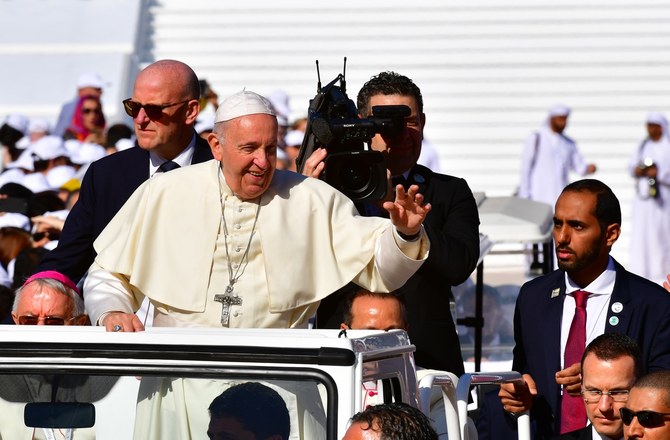 Pope Francis arrives to lead mass for an estimated 170,000 Catholics at the Zayed Sports City Stadium on February 5, 2019. (AFP)