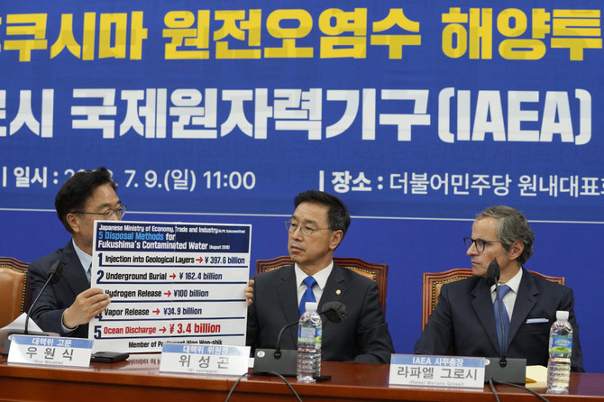 Main opposition Democratic Party lawmaker Woo Won-shik, left, shows a list of proposed disposal methods for the Fukushima contaminated water as his party lawmaker Wi Seong-gon and Rafael Mariano Grossi, Director General of the International Atomic Energy Agency, right, look on on July 9, 2023. (AP)