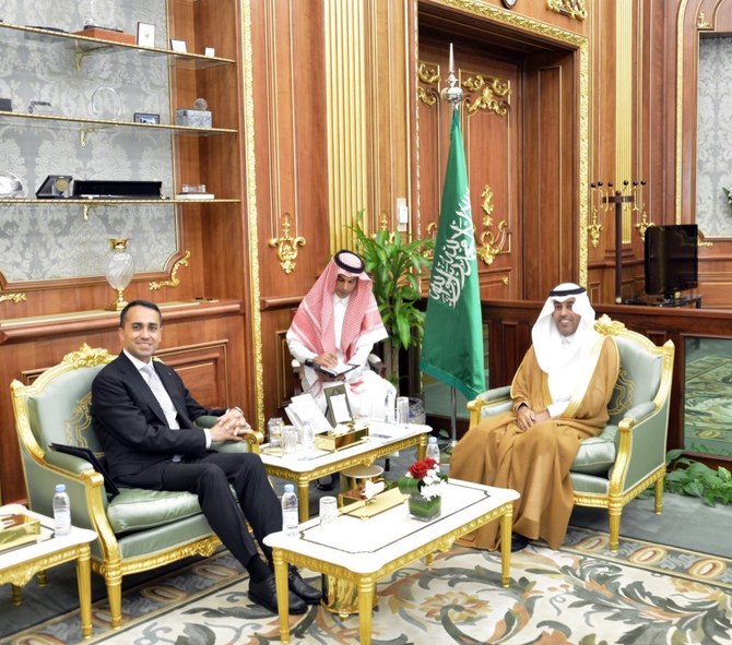 Deputy Speaker of Shoura Council Dr. Mishaal bin Fahm Al-Salami meets with the first EU special representative for the Gulf region, Luigi Di Maio, in Riyadh on July 12. (Supplied)