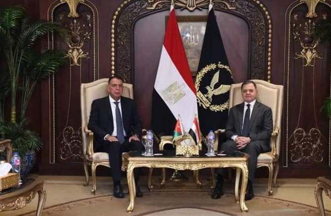 Jordan’s interior minister Mazen Al-Faraya discussed security cooperation with his Egyptian counterpart Mahmoud Tawfiq during an official visit to Cairo on July 14, 2023. (Petra)