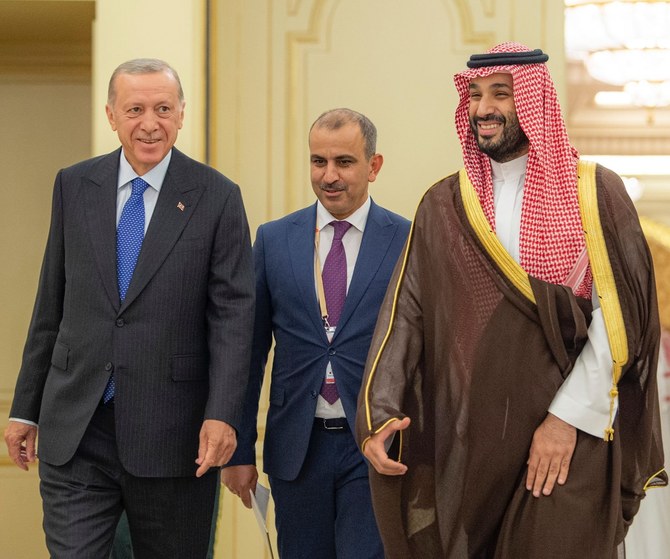 Turkish President Recep Tayyip Erdogan received by Saudi Crown Prince Mohammed bin Salman in Jeddah. (SPA)