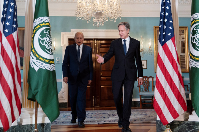US Secretary of State Antony Blinken, right, and Arab League Secretary-General Ahmed Aboul Gheit arrive for a press appearance at the State Department in Washington on July 19, 2023. (REUTERS)