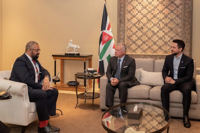 Jordan’s King Abdullah II and Crown Prince Hussein bin Abdullah with UK foreign secretary James Cleverly. (Petra)