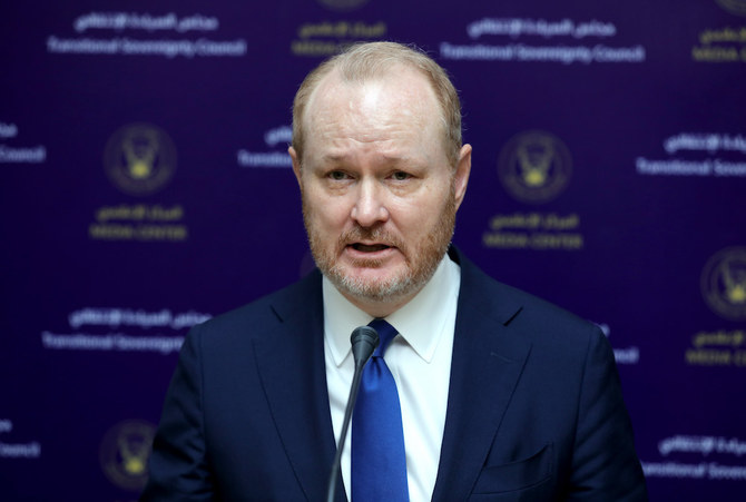 US Ambassador to Sudan John Godfrey speaks during a ceremony at the presidential palace in Khartoum. (File/AFP)