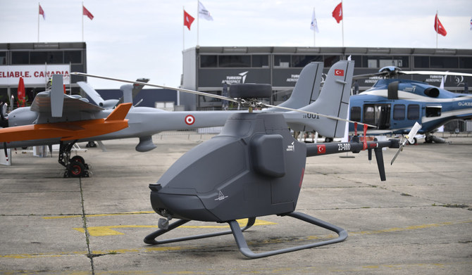 This photograph taken on June 18, 2023 shows Turkish drones (Unmanned aerial vehicle, UAV) displayed during the International Paris Air Show at the Paris–Le Bourget Airport. (AFP)