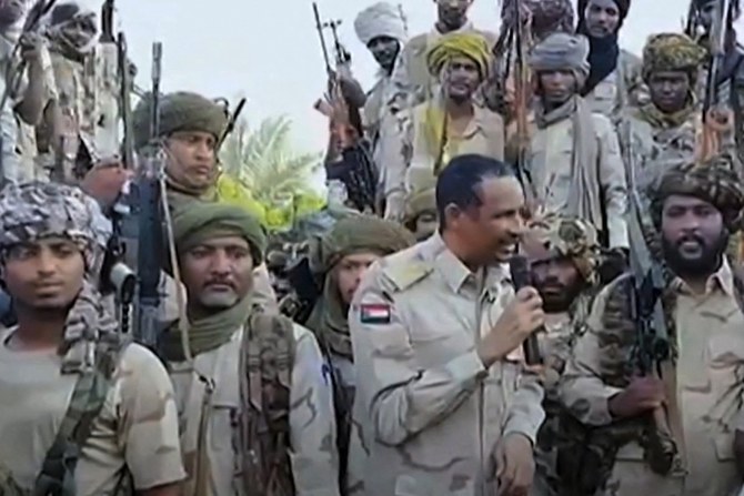 An image grab taken from a handout video posted on the Sudanese paramilitary Rapid Support Forces (RSF) page on Twitter, rebranded as X, on July 28, 2023 shows its commander Mohamed Hamdan Daglo addressing RSF fighters. (AFP/Twitter: Sudan's Rapid Support Forces)