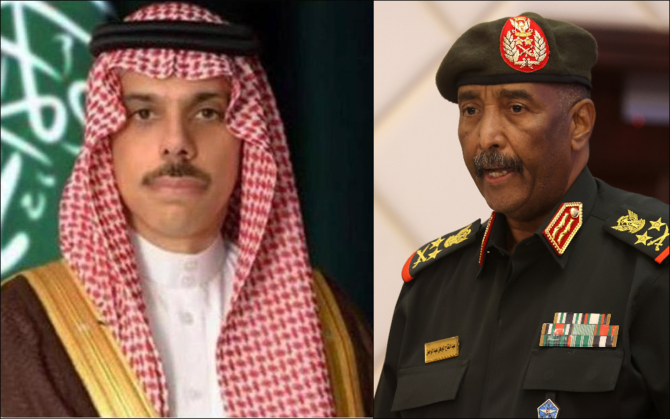 Saudi Foreign Minister Prince Faisal bin Farhan holds a call with Chairman of the Sudanese Sovereignty Council Abdel Fattah Al-Burhan. (File/SPA/AFP)
