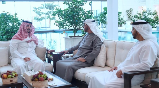 Prince Khaled with UAE president Sheikh Mohamed bin Zayed Al Nahyan at Beach Palace, Al Bateen in Abu Dhabi (SPA)
