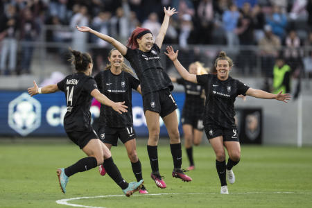 Jun Endo (center), representing Angel City FC. (AP)