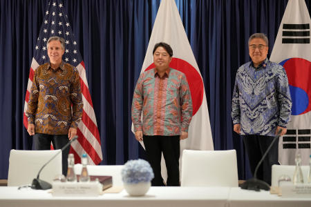 US Secretary of State Antony Blinken, South Korean Foreign Minister Park Jin and Japan's Foreign Minister Yoshimasa Hayashi pose for the media during their meeting in Jakarta, Indonesia, Friday, July 14, 2023. (Reuters)