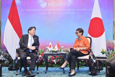 Japan's Foreign Minister Yoshimasa Hayashi talks with Indonesian Foreign Minister Retno Marsudi during their meeting at the Association of Southeast Asian Nations (ASEAN) Foreign Ministers' Meeting in Jakarta, Indonesia, July 13, 2023, in this photo taken by Antara Foto. (Reuters)