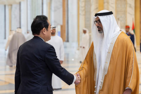 Fumio Kishida, Prime Minister of Japan greets Sheikh Khaled bin Mohamed bin Zayed Al Nahyan, Crown Prince of Abu Dhabi and Chairman of Abu Dhabi Executive Council, during an official reception, at Qasr Al Watan in Abu Dhabi, United Arab Emirates July 17, 2023. (Reuters)