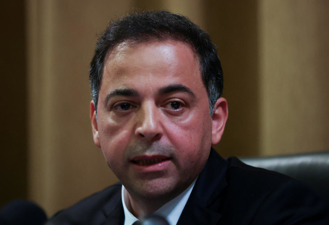 Wassim Mansouri, first vice governor of Lebanon's central bank, attends a press conference at Lebanon's Central Bank building in Beirut. (REUTERS)