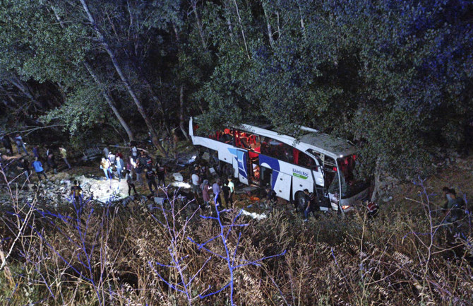 Officials investigate at the site of a bus crash, in Yozgat, Turkey, Monday, Aug. 21, 2023. (Dia images via AP)