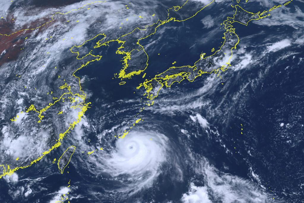 This satellite image provided by courtesy of the National Institute of Information and Communications Technology (NICT) shows Typhoon Khanun moving north towards Okinawa, southwestern Japan, Tuesday, Aug. 1, 2023 (AFP)