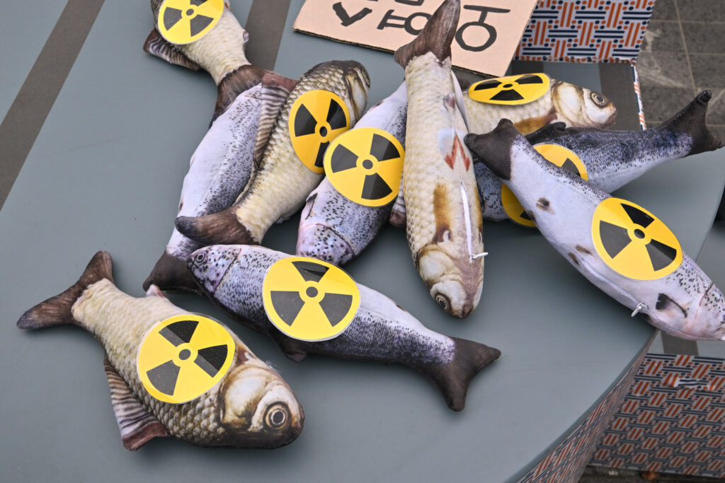 Fish dolls with radioactive signs are seen during a rally against the Japanese government's plan to release wastewater from the stricken Fukushima-Daiichi nuclear plant into the Pacific Ocean, at Gwanghwamun Square in Seoul on August 24, 2023. (AFP)