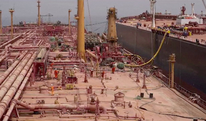 A view of a pipe laid between the decaying supertanker FSO Safer and its replacement oil tanker The Nautica off the coast of Ras Issa, Yemen. (Reuters)