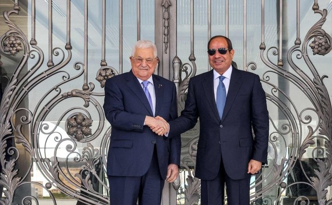 Egypt’s President Abdel Fattah El-Sisi receives Palestinian President Mahmoud Abbas in Egypt’s northern coastal city of Alamein on July 31, 2023. (AFP)