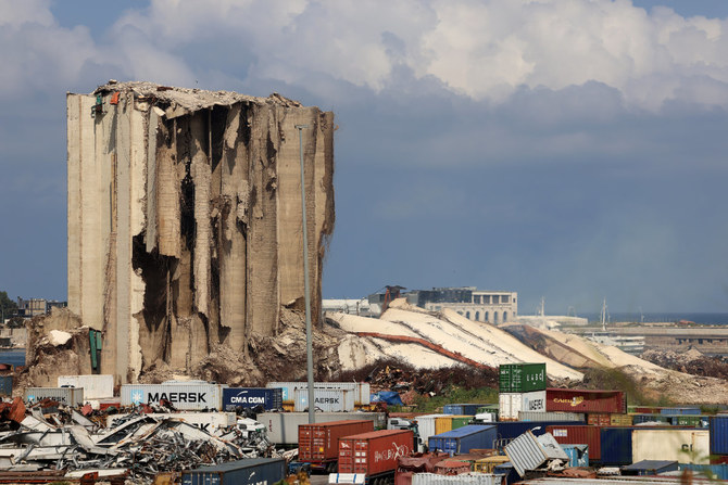 This picture taken on August 23, 2022 shows the newly-collapsed northern section of the grain silos at the port of Lebanon's capital Beirut, which were previously partly destroyed by the 2020 port explosion. (AFP/file photo)