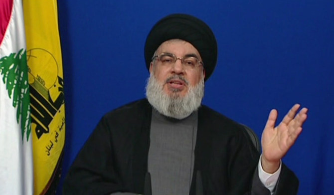 This photo shows the head of Lebanon's Shiite movement Hezbollah Hassan Nasrallah, delivering a televised speech from an undisclosed location. (AFP file photo)