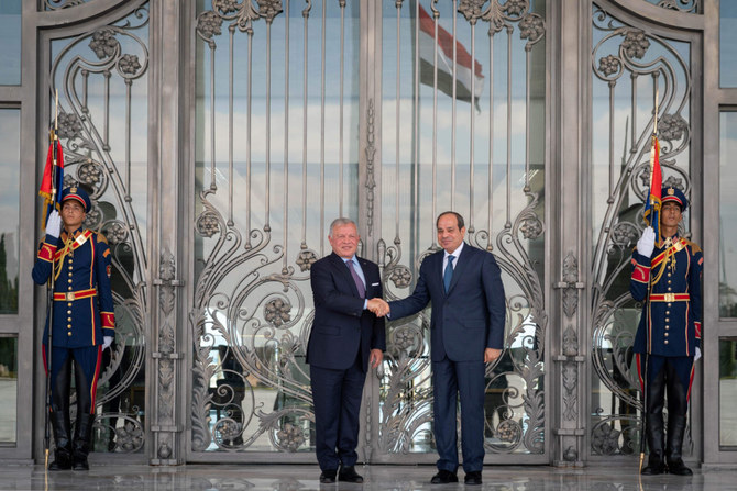 Jordan's King Abdullah II, Egyptian President Abdel Fattah El-Sisi and Palestinian leader Mahmud Abbas at a trilateral summit in El Alamein on Egypt's northern coast on August 14, 2023. (Jordanian Royal Palace handout via AFP)