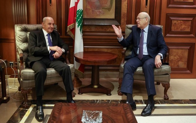 Lebanon’s caretaker PM Najib Mikati, right, and Parliament Speaker Nabih Berri ahead of a planned legislative session which did not convene due to lack of quorum, Beirut, Aug. 17, 2023. (Reuters)