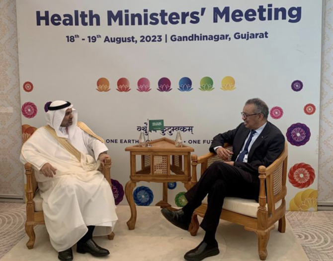 Saudi Arabia’s Health Minister Fahad Al-Jalajel meets with the Director-General of the World Health Organization Tedros Adhanom Ghebreyesus. (@DrTedros)