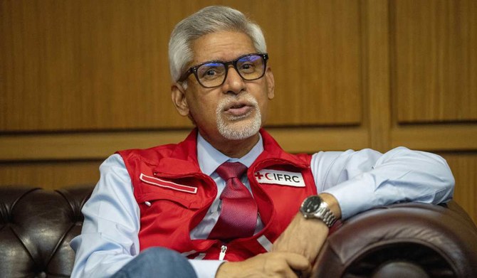 Jagan Chapagain, Secretary-General of the International Federation of Red Cross and Red Crescent Societies (IFRC) speaks during an interview with The Associated Press in Beirut, Lebanon, Thursday, Feb. 16, 2023. (AP)