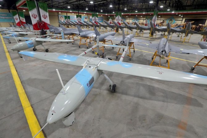 This handout picture released by Iran's Army office on April 19, 2023 shows military unmanned aerial vehicles (UAV or drone) on display during a ceremony at an undisclosed location in Iran. (AFP)